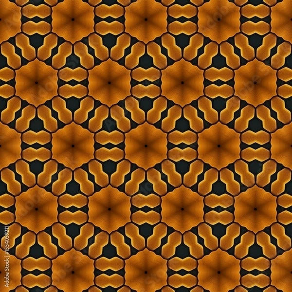 Fototapeta Intricate geometric pattern featuring a repetitive design of hexagonal shapes in warm shades of orange, set against a dark background