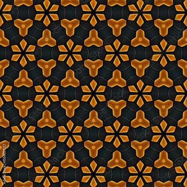 Fototapeta Vibrant geometric pattern featuring a repeating design of stylized shapes in warm orange and black