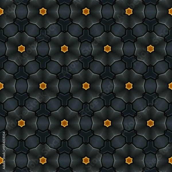 Fototapeta Elegant geometric pattern featuring a repeating design of star shapes in vibrant orange, set against a dark, textured background