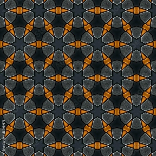 Fototapeta Vibrant geometric pattern featuring a repetitive design of curved shapes in warm orange and dark tones, set against a textured background