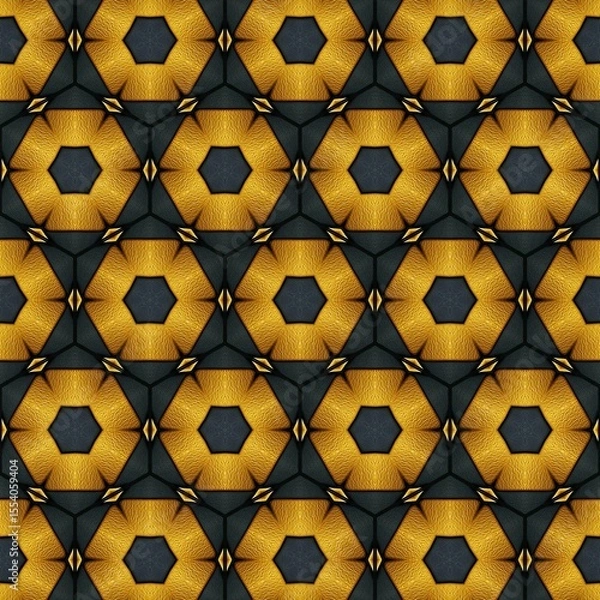 Fototapeta Captivating geometric pattern featuring a repetitive design of hexagonal shapes in rich golden hues against a dark textured background