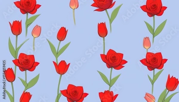 Obraz A repeating pattern of red tulips and roses on a light blue background.