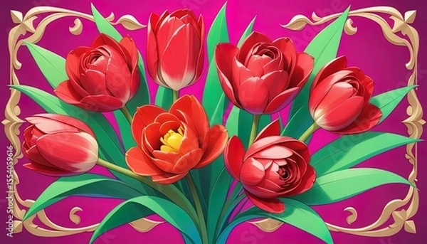 Obraz Vibrant bouquet of red tulips against a deep magenta background.