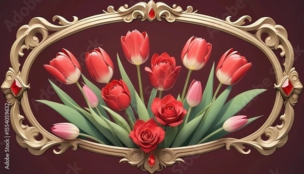 Obraz Ornate frame showcasing a bouquet of tulips and roses.