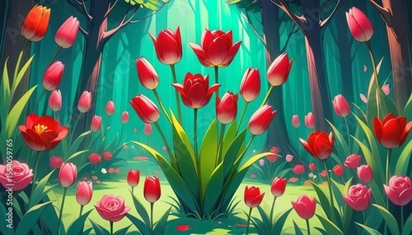 Obraz Lush woodland scene filled with vibrant tulips and roses.
