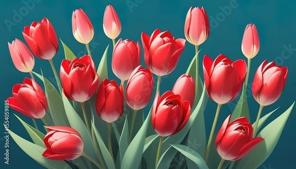 Obraz Red tulips in a bouquet against a teal background.