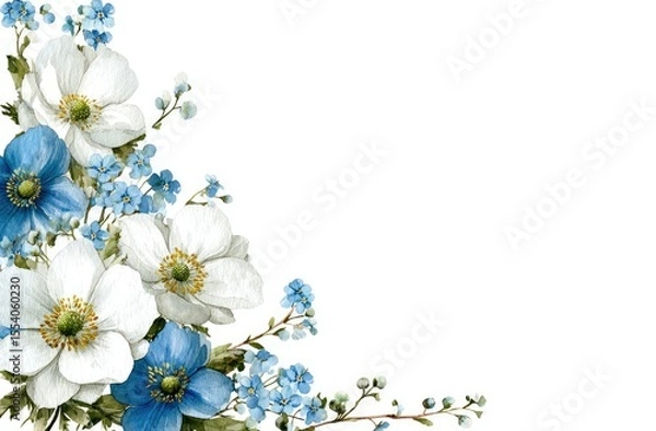 Obraz White and blue floral corner arrangement on white background (1)