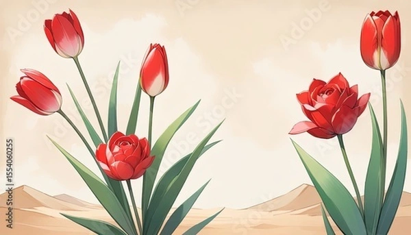 Obraz Red tulips and a rose in a desert landscape.