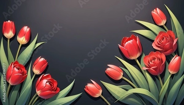 Obraz Red tulips and roses arranged on a dark background.