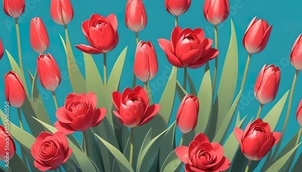 Obraz Vibrant red tulips and greenery against a teal background.