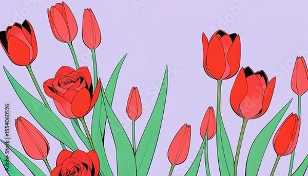 Obraz Vivid red tulips and roses against a pastel background.