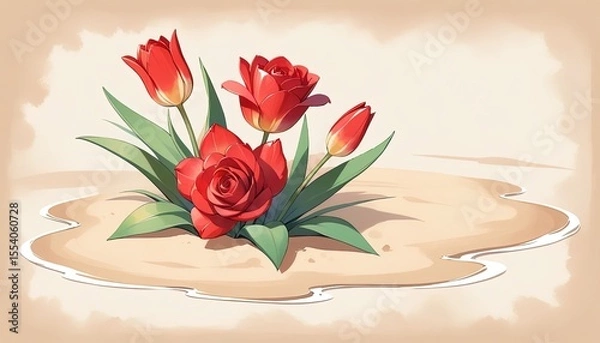 Obraz Red tulips and roses in a patch of sand.