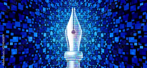 Fototapeta AI and Publishing conceptual old pen nib against a blue binary code background symbolizing artificial intelligence disrupting publishing journalism, and traditional media.
