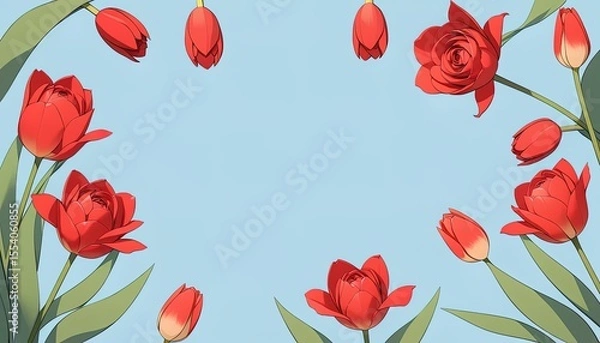 Obraz Red tulips arranged in a frame against a light blue background.