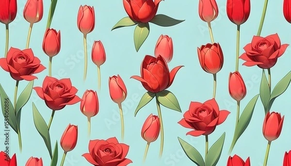 Obraz Red tulips and roses pattern on a light blue background.