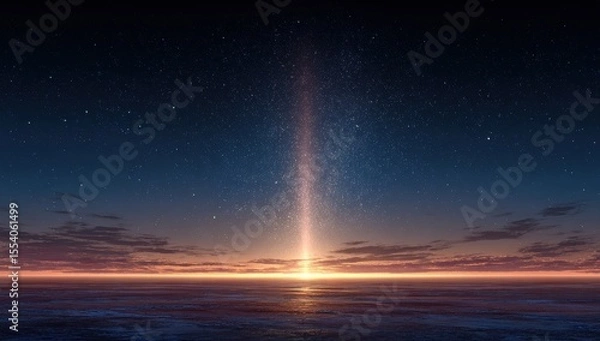 Fototapeta Abstract light beam on horizon over empty ground with starry night sky for banner templates, website headers, and social media overlays. Space for text placement on minimalist background. 