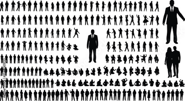 Fototapeta Silhouettes of diverse people in rows, central business figures, social structure composition, group formation graphic, human activity variation, black minimalist design display