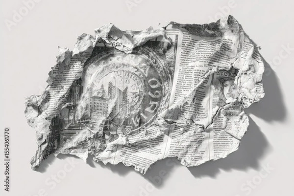 Fototapeta Crumpled newspaper fragment, grayscale