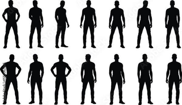 Fototapeta Silhouettes of diverse people standing in symmetrical alignment, group pose on white background, modern minimalism, social unity concept, simple clean graphic composition