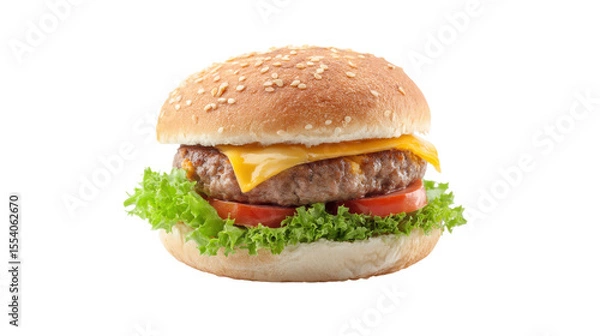 Fototapeta Delicious cheeseburger with fresh lettuce and tomato isolated on transparent background