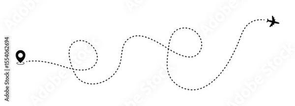 Obraz Airplane line path route travel vector concept. Plane routes dotted paths aircraft travel route start point flight destination black airplane. Plane, airplane, Aeroplane, flight, airline.