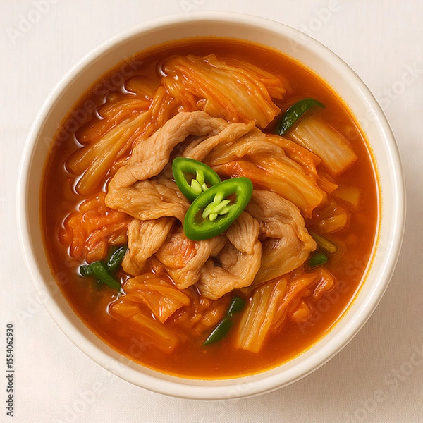 Fototapeta Kimchi Stew with Pork and Chili Peppers (AI Generated) A realistic AI-generated image of traditional Korean kimchi stew (kimchi jjigae) with pork slices, napa cabbage, and green chili pepper in a red 