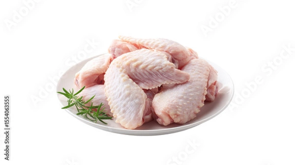 Obraz Fresh raw chicken wings on a white plate with rosemary isolated on transparent background