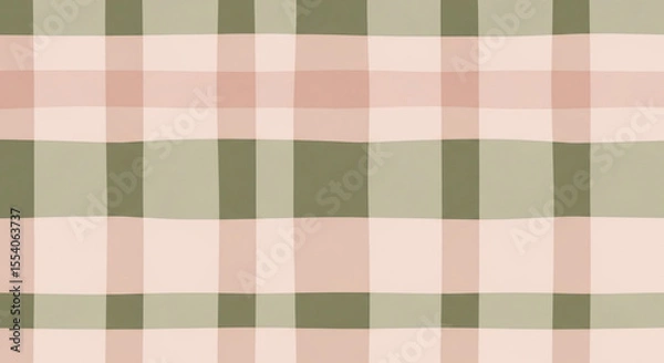 Fototapeta Soft, hand-drawn plaid pattern featuring pastel pink and muted olive green squares. This seamless gingham design creates a cozy, inviting background, ideal for textile prints, digital paper, and