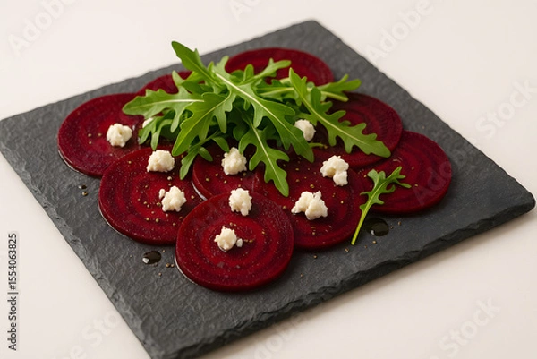 Fototapeta Beetroot carpaccio on a slate tile with goat cheese and arugula