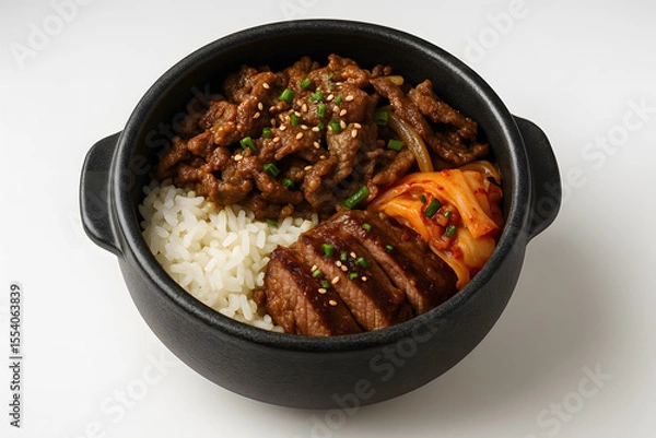 Fototapeta Bulgogi beef bowl with rice and kimchi in a stone pot