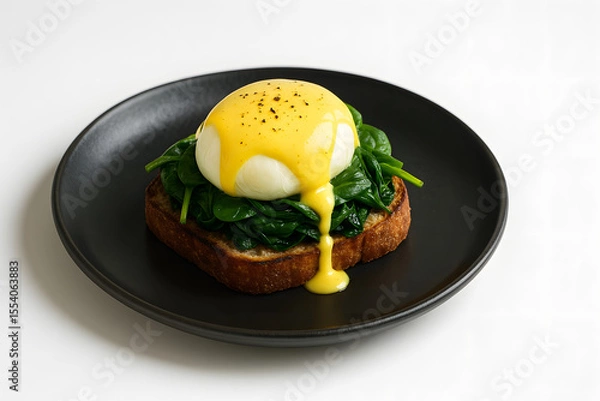 Fototapeta Poached egg and spinach on toast with hollandaise on black ceramic