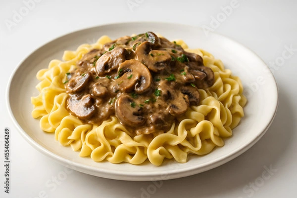 Fototapeta Mushroom stroganoff with pasta on a deep round plate
