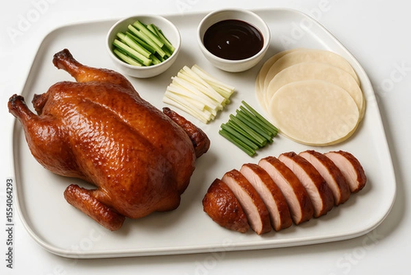 Fototapeta Peking duck with pancakes on a large white tray