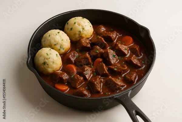 Fototapeta Beef goulash with dumplings in a cast-iron dish,realistic photos