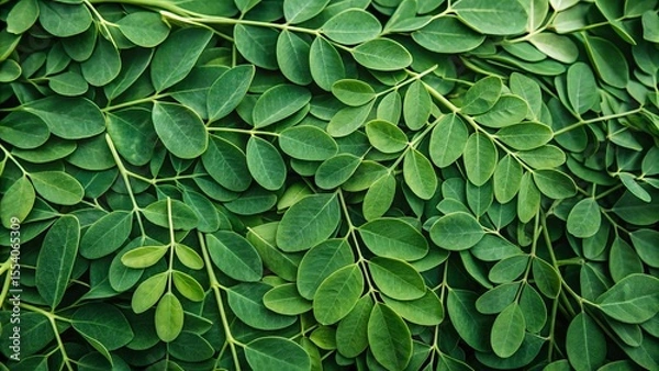 Obraz Green moringa leaves background. Suitable for marketing or business purposes. Panoramic banner with place for text