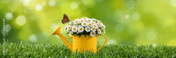 Obraz daisies flowers bouquet in yellow watering can and butterfly on table in garden