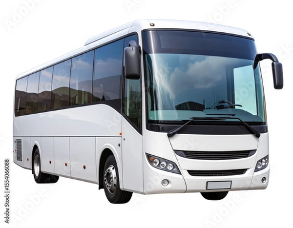 Obraz  Front-side view of modern white bus with large panoramic windows, isolated on transparent background PNG