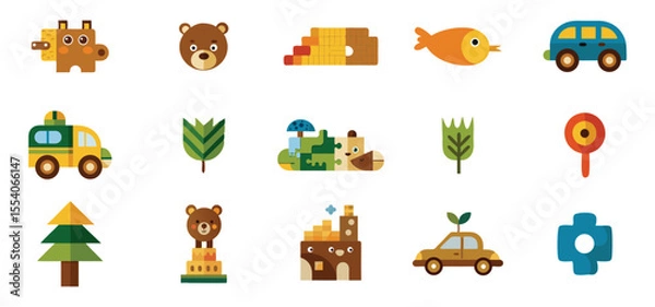 Fototapeta Delightful and charming collection of flat design illustrations featuring animal and object puzzle pieces on white background