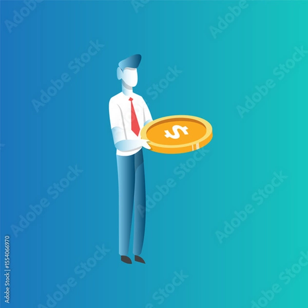 Fototapeta Business Professional Holding Large Coin Symbolizing Investment and Financial Growth in Contemporary Abstract Setting. Businessman character vector illustration