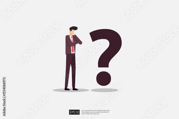 Fototapeta Male Professional in Suit Contemplating a Question Mark Representing Uncertainty in a Corporate Environment. Businessman character vector illustration