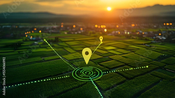 Fototapeta Aerial view of property mapping showcasing location markers and connected lines, highlighting distinct land plots, real estate boundaries, geographic data networks, and spatial analysis conc38255312 2