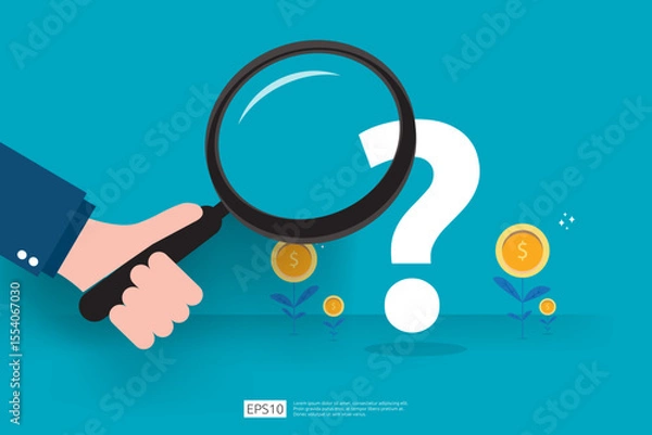 Fototapeta Hand Holding Magnifying Glass Over Large Question Mark and Coins on Teal Background Representing Investment Inquiry and Financial Exploration vector illustration