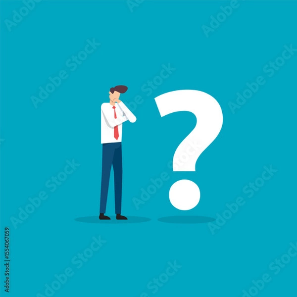 Fototapeta Male Professional in Suit Contemplating a Question Mark Representing Uncertainty in a Corporate Environment. Businessman character vector illustration