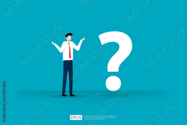Fototapeta Male Professional in Suit Contemplating a Question Mark Representing Uncertainty in a Corporate Environment. Businessman character vector illustration