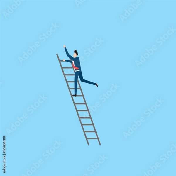 Fototapeta Illustration of a Man Climbing a Ladder Towards Success Against a Blue Background. Businessman character vector illustration