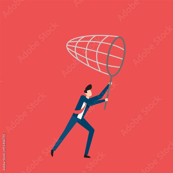 Fototapeta Man Running with Catching Net on Bright Red Background Demonstrating Determination and Energy. Businessman character vector illustration