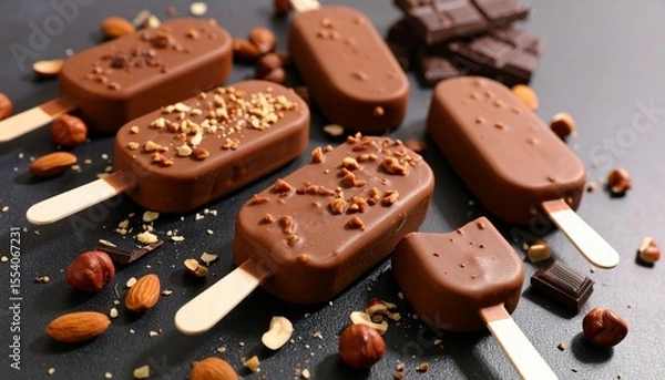 Fototapeta Close up photo chocolate ice cream stick with nut and chocolate topping with good lighting