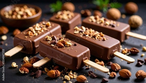 Fototapeta Close up photo chocolate ice cream stick with nut and chocolate topping with good lighting
