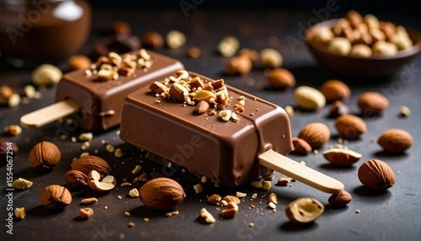 Fototapeta Close up photo chocolate ice cream stick with nut and chocolate topping with good lighting