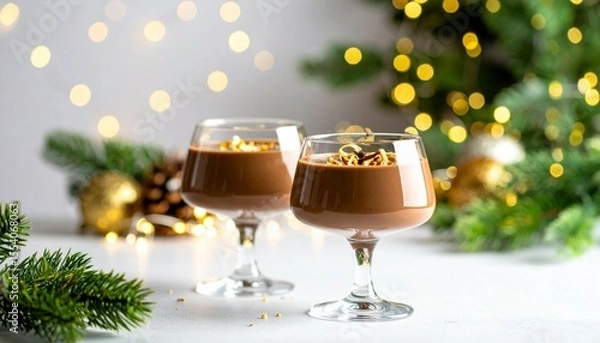 Fototapeta Chocolate pudding at plate with vanilla topping